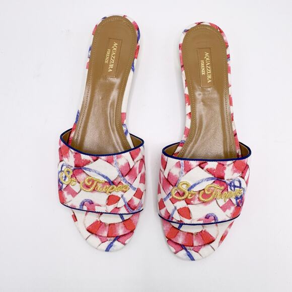 Aquazzura St. Tropez Embroidered Slide Sandals, Pink/white